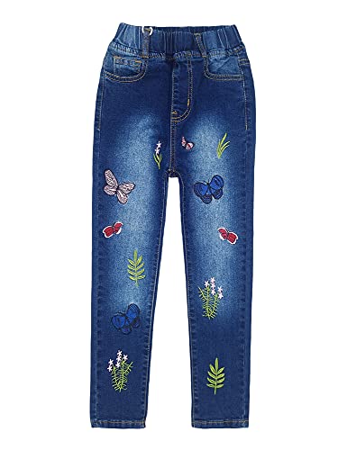 KIDSCOOL SPACE Little Girls Embroiderd Grass Jeans Pants,Blue,14-15 Years