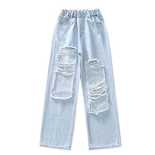 iiniim Kids High Waisted Baggy Ripped Jeans Girls Casual Loose Fit Distressed Denim Pants Wide Leg Jeans Casual Trousers Blue 10-12 Years