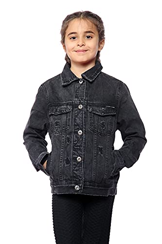 NOROZE Girls Ribbed Denim Jacket Vintage Distressed Jeans Top (7-8 Years, Black)