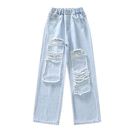 Agoky Kids Girls Casual Ripped Jeans Washed Elastic Waist Wide Leg Baggy Trousers with Pockets Denim Pants Blue D 10-12 Years