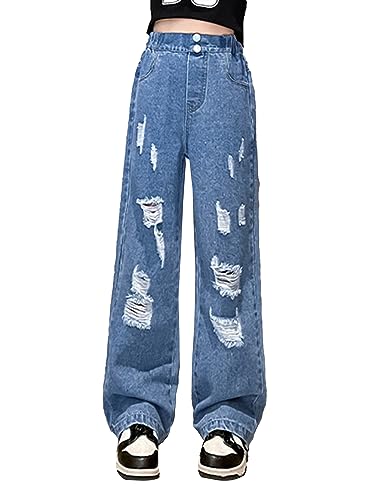 CHICTRY Kids Girls Ripped Jeans Casual Washed Denim Pants Straight Wide Leg Denim Trousers Distressed Baggy Cowboy Bottoms Blue 11-12 Years