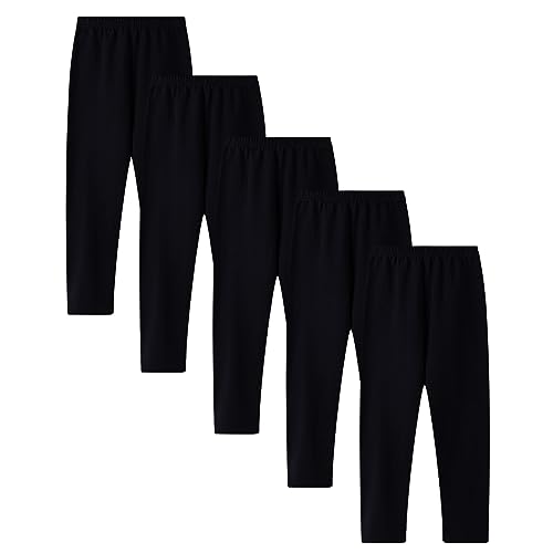 5 Pack Girls Black Leggings Plain Pants for Kids Full Length Baby Girls' Leggings Stretchy Tights (3-4Years)