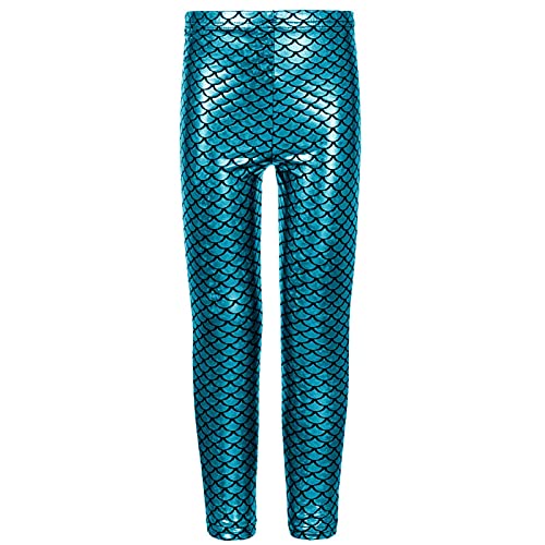 The Fancy Dress® Kids Full Length Elastic Waist Fish Scale Mermaid Disco Legging - Girls Metallic Shiny Wet Look Comfortable Stretchy Tights Dance Party Children Tights Pants (Turquoise, 7-8 Years)