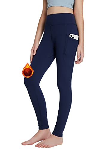 BALEAF Youth Girls Fleece Lined Leggings Winter Warm High Waisted Kids Athletic Trousers Hiking Running Yoga Navy Blue M