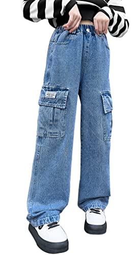 Wide Leg Jeans for Girls Relaxed Fit Leg Cargo Casual Pants Straight-Fit Stretchy Vintage Comfort Trousers Baggy Wide Leg Pants with Pockets for Kids Blue Age 13-15 Years