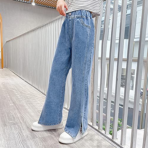 Rolanko Girls Jeans Bootcut Ripped Elasticated Waist Retro Style Denim Pants for Kids Fit, Blue Split, Size: 160