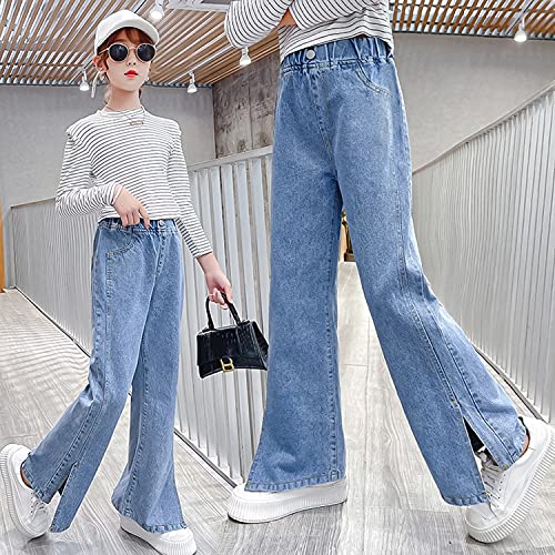 Rolanko Girls Jeans Bootcut Ripped Elasticated Waist Retro Style Denim Pants for Kids Fit, Blue Split, Size: 160