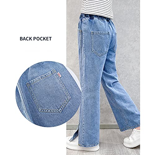 Rolanko Girls Jeans Bootcut Ripped Elasticated Waist Retro Style Denim Pants for Kids Fit, Blue Split, Size: 160