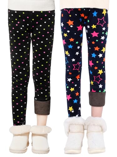 ESHOO 2 Pack Winter Girl's Warm Fleece Lined Stretchy Tights Leggings Children's Thermal Pants Full Length Trousers(Star+Dot,Size140,6-7 Years)