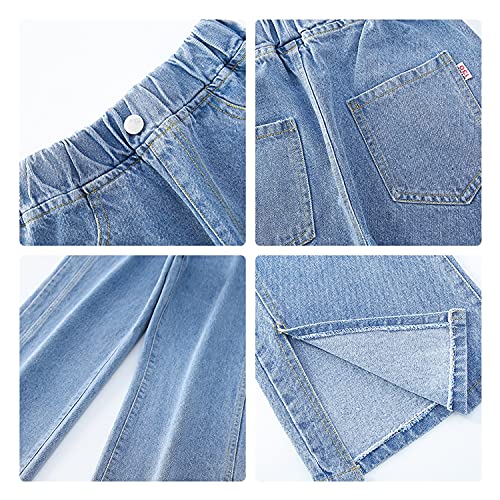 Rolanko Girls Jeans Bootcut Ripped Elasticated Waist Retro Style Denim Pants for Kids Fit, Blue Split, Size: 160