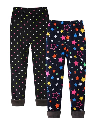 ESHOO 2 Pack Winter Girl's Warm Fleece Lined Stretchy Tights Leggings Children's Thermal Pants Full Length Trousers(Star+Dot,Size140,6-7 Years)