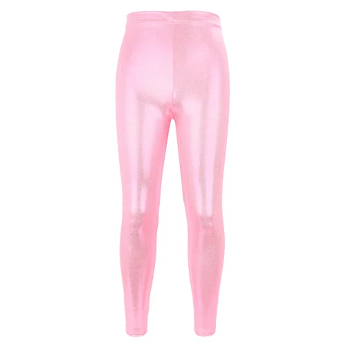 PythJooh Girls Dance Leggings, Little Girls Sparkle Glitter Gymnastics Full Length Pants Metallic Athletic Dancewear Leggings 3-14 Years Pink
