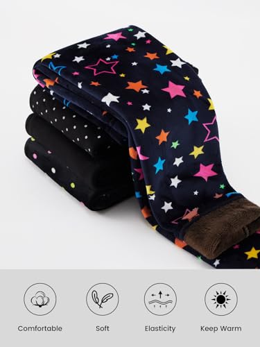 ESHOO 2 Pack Winter Girl's Warm Fleece Lined Stretchy Tights Leggings Children's Thermal Pants Full Length Trousers(Star+Dot,Size140,6-7 Years)