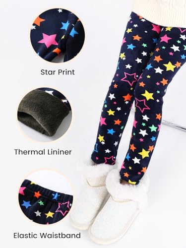 ESHOO 2 Pack Winter Girl's Warm Fleece Lined Stretchy Tights Leggings Children's Thermal Pants Full Length Trousers(Star+Dot,Size140,6-7 Years)