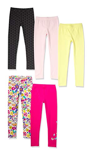 Amazon Essentials Girls' Leggings (Previously Spotted Zebra), Pack of 5, Black Dots/Pink/White Floral/Yellow/Butterfly, 6-7 Years