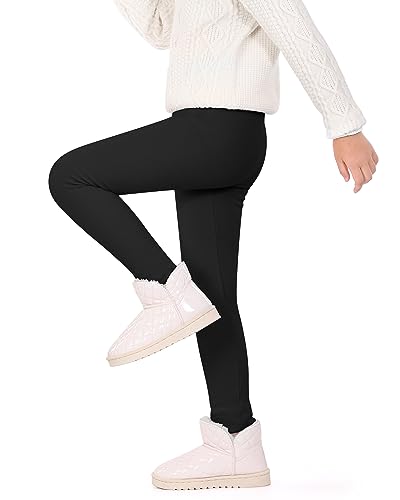 Auranso Girls Fleece Lined Thermal Leggings Cotton Winter Warm Thick Trousers Tights for Kids Black, 6-7 Years