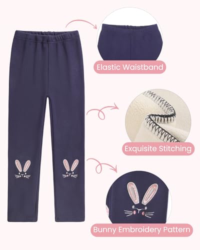 Auranso Girls Fleece Lined Thermal Sherpa-Lined Leggings Cotton Kids Winter Thick Warm Cartoon Bunny Embroidery Trousers Navy, 3-4 Years