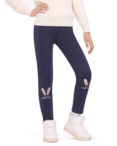 Auranso Girls Fleece Lined Thermal Sherpa-Lined Leggings Cotton Kids Winter Thick Warm Cartoon Bunny Embroidery Trousers Navy, 3-4 Years