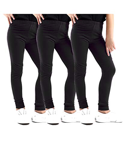 GW CLASSY OUTFIT Girls 3 Pack Full Length 45% Cotton Girls Leggings Plain Pants for Kids Trouser (Black/Black/Black, 13-14 Years)