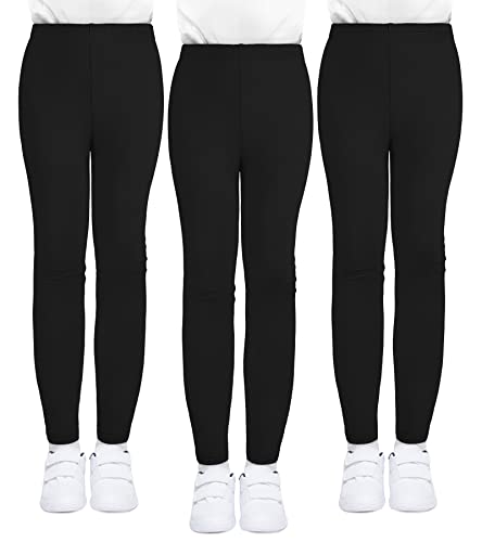 KEREDA Girls Black Leggings Kids Full Length Plain Cotton Stretchy Pants 5-13 Years 3 Packs