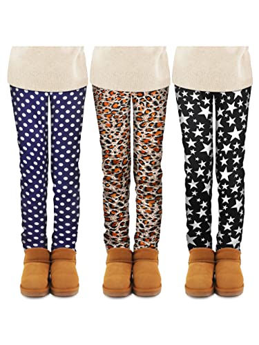 TODDOR 3 Pack Girls' Fleece Lined Leggings Winter Warm Thick Printed Trousers Toddler Ankle Length Pants