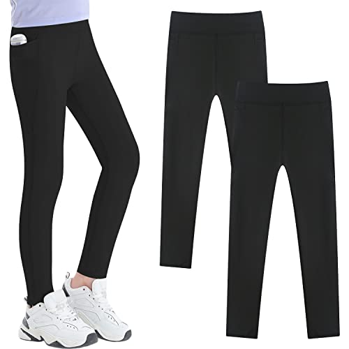 Adorel Girls Sports Leggings Full Length Plain Pack of 2 Black with Pockets 11-12 Years (Manufacturer Size: 160)