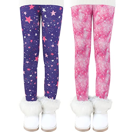 Auranso Girls Fleece Lined Thermal Leggings 2 Pack Kids Winter Thick Warm Cute Printed Trousers, Color A, 6-7 Years (Tag: 130)