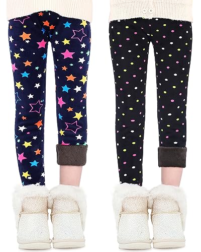 Domee Girls Fleece Lined Leggings Winter Thick Thermal Warm Trousers Pack of 2 Stars and Dots 8-9 Years (Manufacturer Size 140)