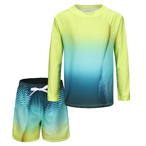 Boys Swim Set Long Sleeve Swim Top Kids Two Piece Swimming Costume with Board Shorts Boys Rash Guard Swimsuit Age 15-16 Years