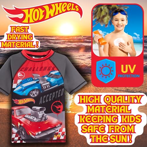 Hot Wheels Boys Swim Shorts + Rash Vest Set Kids Racing Car Sunsafe Swimsuit Swimming Trunks Grey 5-6 Years