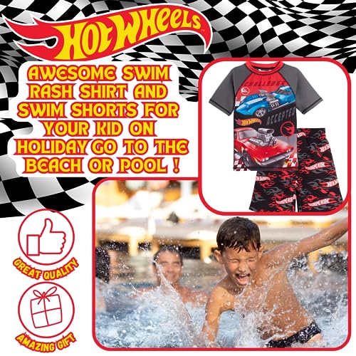 Hot Wheels Boys Swim Shorts + Rash Vest Set Kids Racing Car Sunsafe Swimsuit Swimming Trunks Grey 5-6 Years