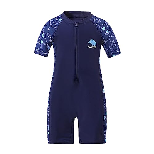 Xumplo Boys Swimming Costume Kids One Piece Swimsuit Short Sleeve Zipper Beach Swimwear Dinosaur Rash Guard Bathing Suit Dark Blue 9-10 Years