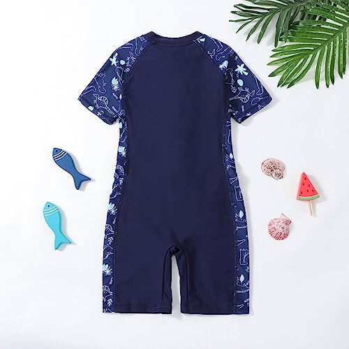 Xumplo Boys Swimming Costume Kids One Piece Swimsuit Short Sleeve Zipper Beach Swimwear Dinosaur Rash Guard Bathing Suit Dark Blue 9-10 Years