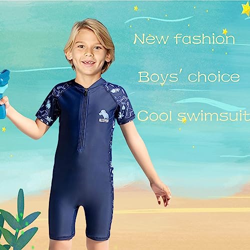 Xumplo Boys Swimming Costume Kids One Piece Swimsuit Short Sleeve Zipper Beach Swimwear Dinosaur Rash Guard Bathing Suit Dark Blue 9-10 Years