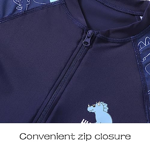 Xumplo Boys Swimming Costume Kids One Piece Swimsuit Short Sleeve Zipper Beach Swimwear Dinosaur Rash Guard Bathing Suit Dark Blue 9-10 Years
