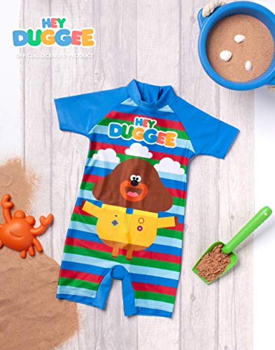 Hey Duggee Swimsuit for Boys | Kids Cbeebies Sun Safe Swimming Costume | Blue Striped All in One Bathing Suit for Swimming Lessons, Beach & Pool Days