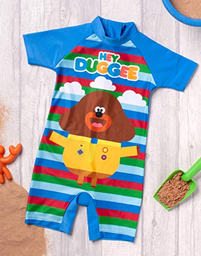 Hey Duggee Swimsuit for Boys | Kids Cbeebies Sun Safe Swimming Costume | Blue Striped All in One Bathing Suit for Swimming Lessons, Beach & Pool Days