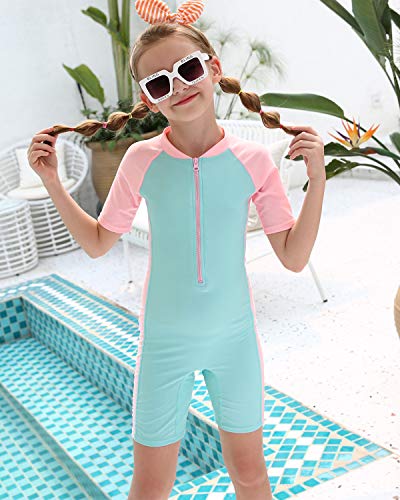 DUSISHIDAN Swimsuit Kids Boys Girls One-Piece Swimming Costume Short Sleeves Rash Guard Surfing Swimsuits UPF>50 Age 5-14Y Pink Blue