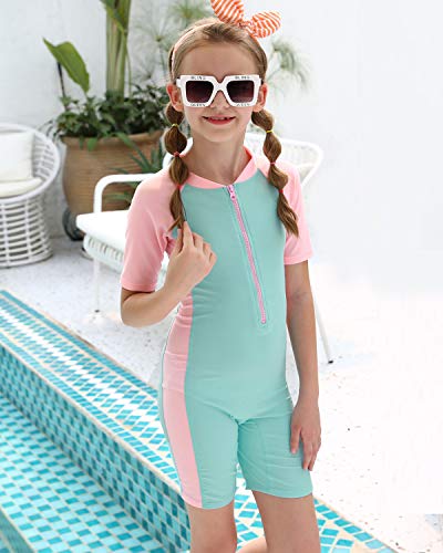 DUSISHIDAN Swimsuit Kids Boys Girls One-Piece Swimming Costume Short Sleeves Rash Guard Surfing Swimsuits UPF>50 Age 5-14Y Pink Blue