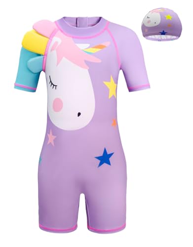 Moneric Swimsuit Kids Girls One-Piece Swimming Costume Short Sleeves Rash Guard Surfing Swimsuits UPF with Cap Purple L (2-3 Years)