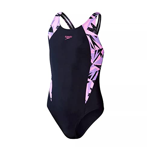 Speedo Girl's Hyperboom Splice Muscleback Swimsuit, True Navy/Miami Lilac/ Taffy Pink, 13-14 Years