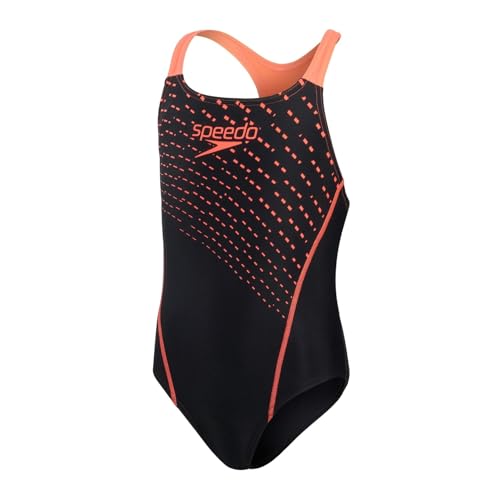 Speedo Girl's Medley Logo Medalist Swimsuit, Black/Siren Red, 12 Years