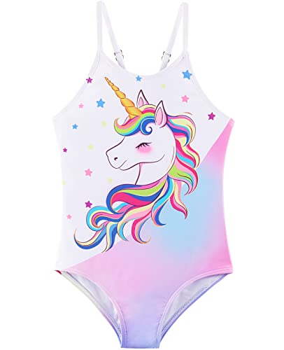 WAWSAM Unicorn Girls Swimming Costume Rainbow One-Piece Swimwear for 4 Years Kids Girls Quick Dry Toddler Swimsuit Adjustable Unicorn 1-Piece Swimsuit Rush Guard for Swimming Beach Pool Vacation