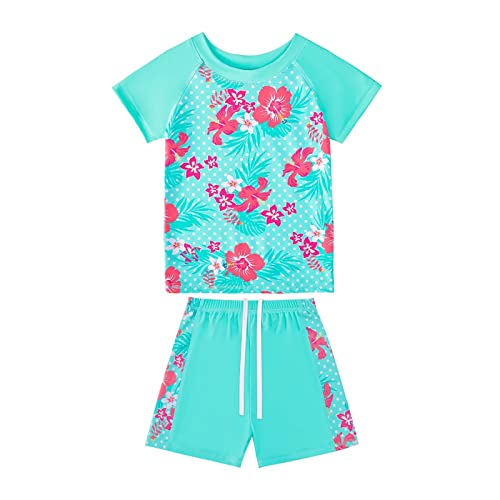 OFIMAN Girls Swimming Costume Girls Swimsuit Kids Two Pieces Short Sleeve Bathing Suit UPF 50+ Protection Swim Set (Floral Green, 9-10 Years)