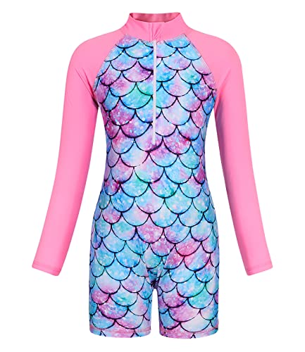 AmzBarley Girls Swimming Costume Kids One Piece Swimsuit Mermaid Swimwear Zipper Bathing Suit UV Protection Long Sleeve Surfing Swimming Pink Age 7-8 Years Size 130