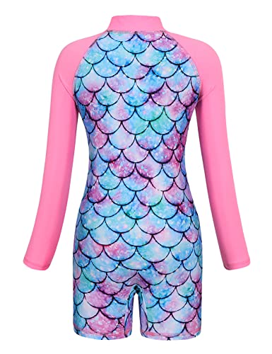 AmzBarley Girls Swimming Costume Kids One Piece Swimsuit Mermaid Swimwear Zipper Bathing Suit UV Protection Long Sleeve Surfing Swimming Pink Age 7-8 Years Size 130