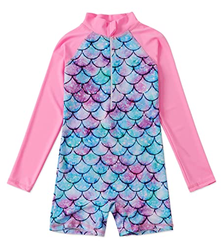 AmzBarley Girls Swimming Costume Kids One Piece Swimsuit Mermaid Swimwear Zipper Bathing Suit UV Protection Long Sleeve Surfing Swimming Pink Age 7-8 Years Size 130