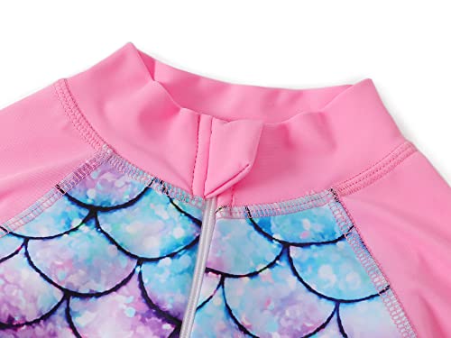 AmzBarley Girls Swimming Costume Kids One Piece Swimsuit Mermaid Swimwear Zipper Bathing Suit UV Protection Long Sleeve Surfing Swimming Pink Age 7-8 Years Size 130