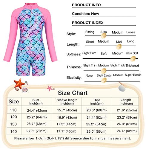 AmzBarley Girls Swimming Costume Kids One Piece Swimsuit Mermaid Swimwear Zipper Bathing Suit UV Protection Long Sleeve Surfing Swimming Pink Age 7-8 Years Size 130