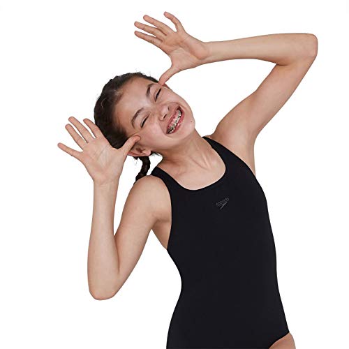 Speedo Girl's ECO Endurance+ Medallist Swimsuit, Comfortable, Stylish Design, Extra Flexibility, Black, 13-14 Years